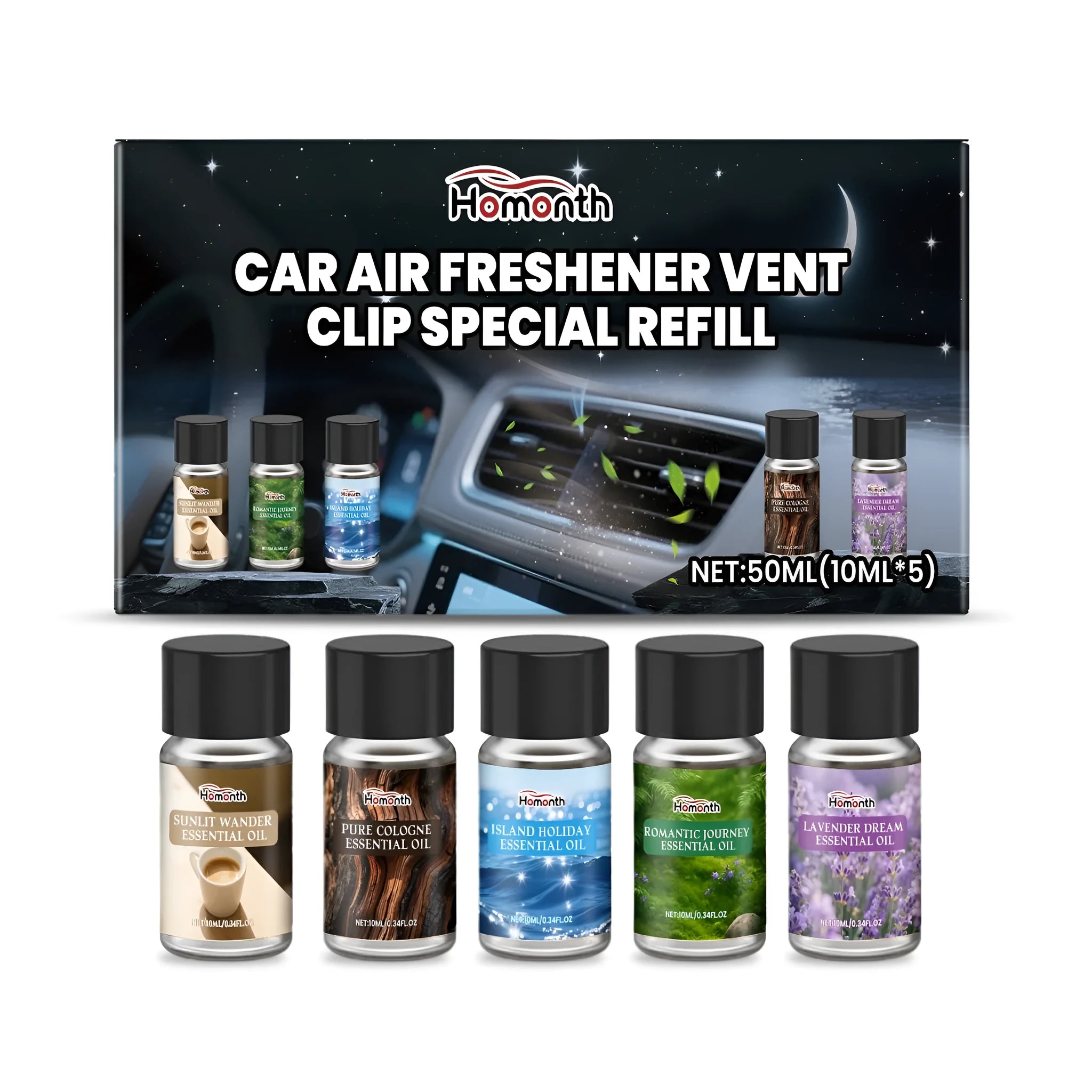 Car air freshener refill pack showing five 10ml bottles in cologne, ocean, vanilla, lavender and citrus scents
