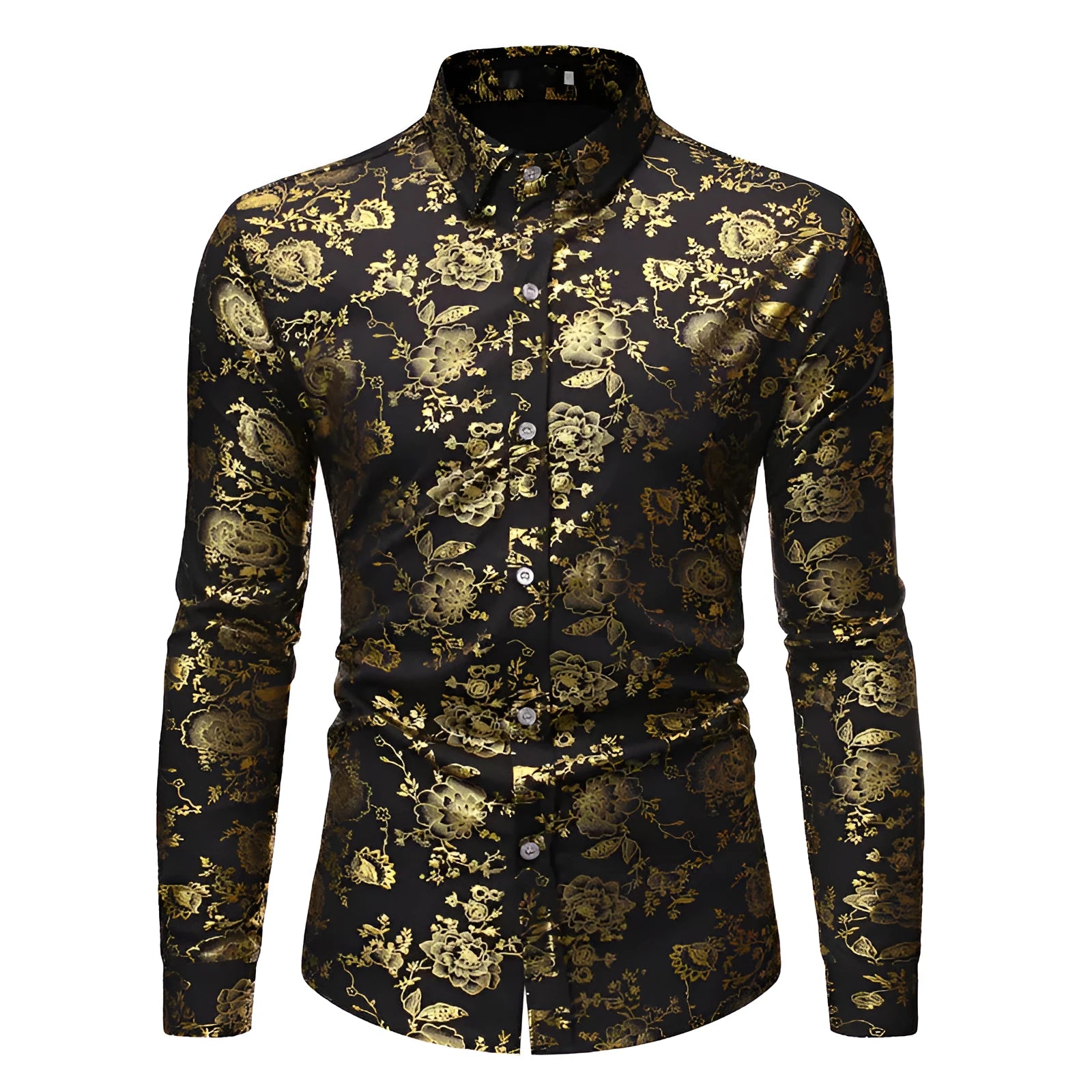 Men's metal bronzing printed lapel shirt in polyester fabric with digital printing detail