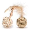Two cat toys: hollow rattan ball with bell and colourful faux feather ball with plumes