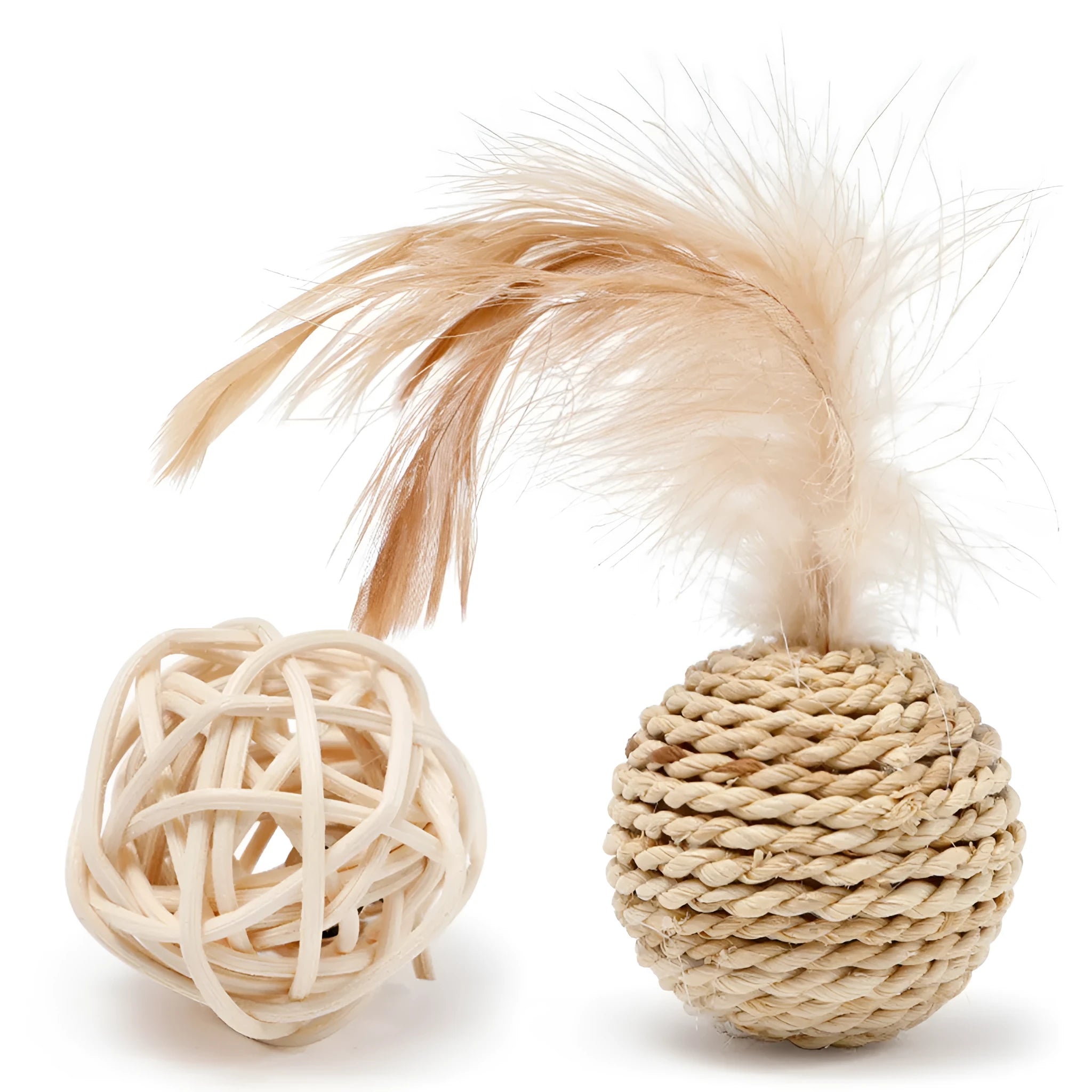 Two cat toys: hollow rattan ball with bell and colourful faux feather ball with plumes