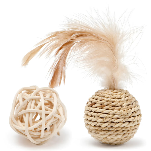 Two cat toys: hollow rattan ball with bell and colourful faux feather ball with plumes