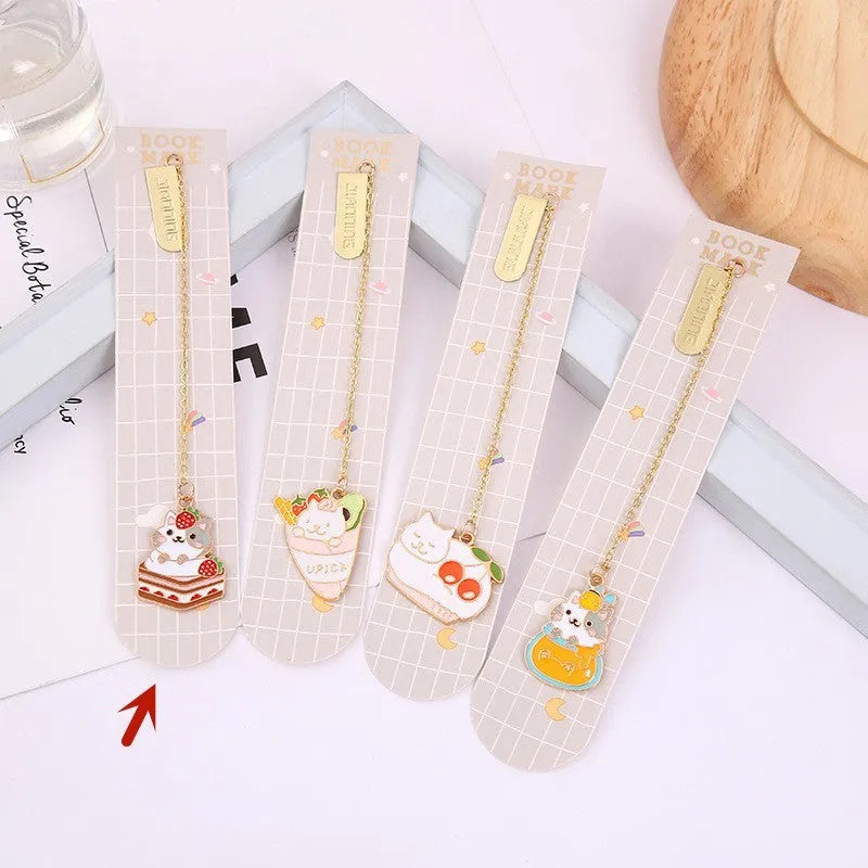Jane Lime foodie cat metal bookmark with cartoon pendant in one of four food-themed designs