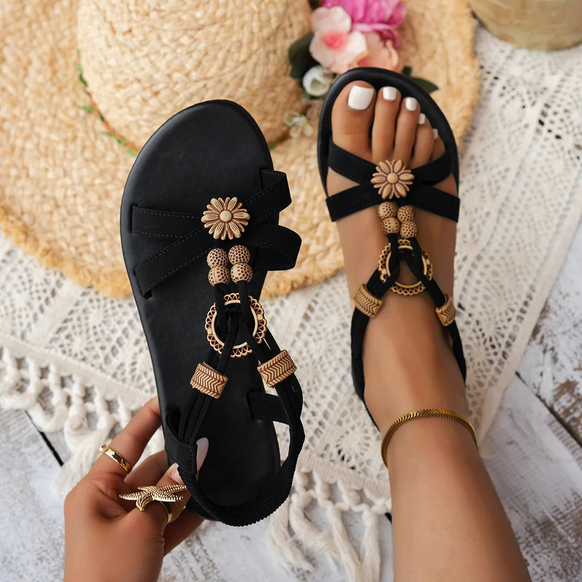 Black ethnic style women's flat beach sandals with beaded weave decoration and open toe design