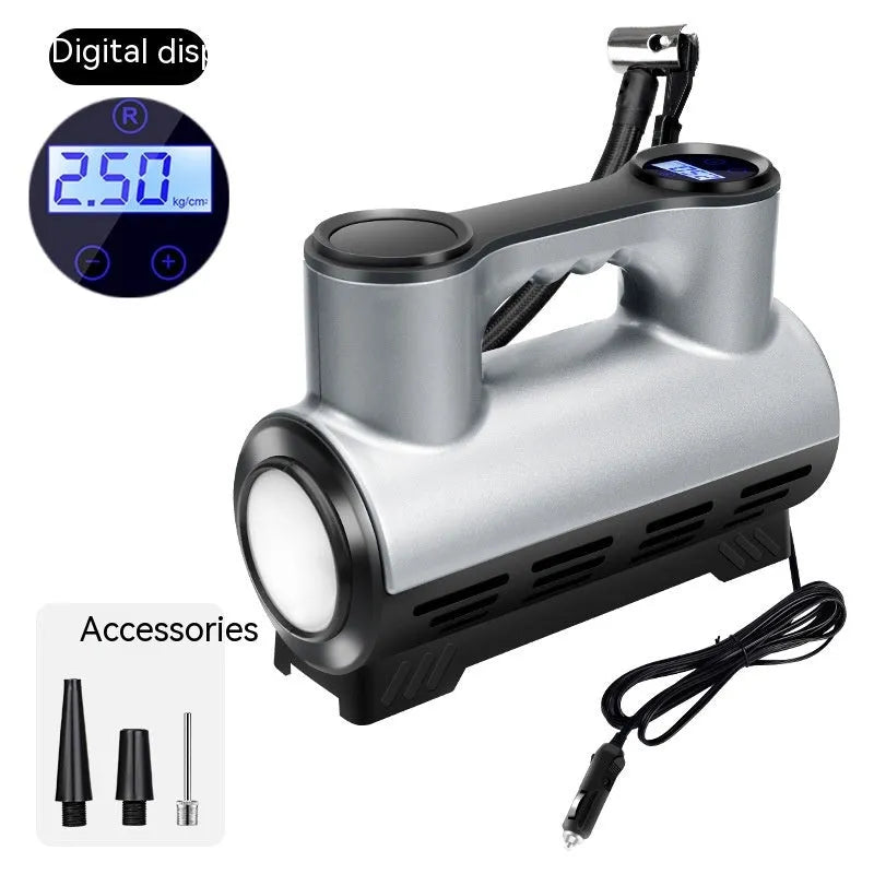 Black 12V portable car tyre inflator with digital display, hose, and nozzles on a grey background.