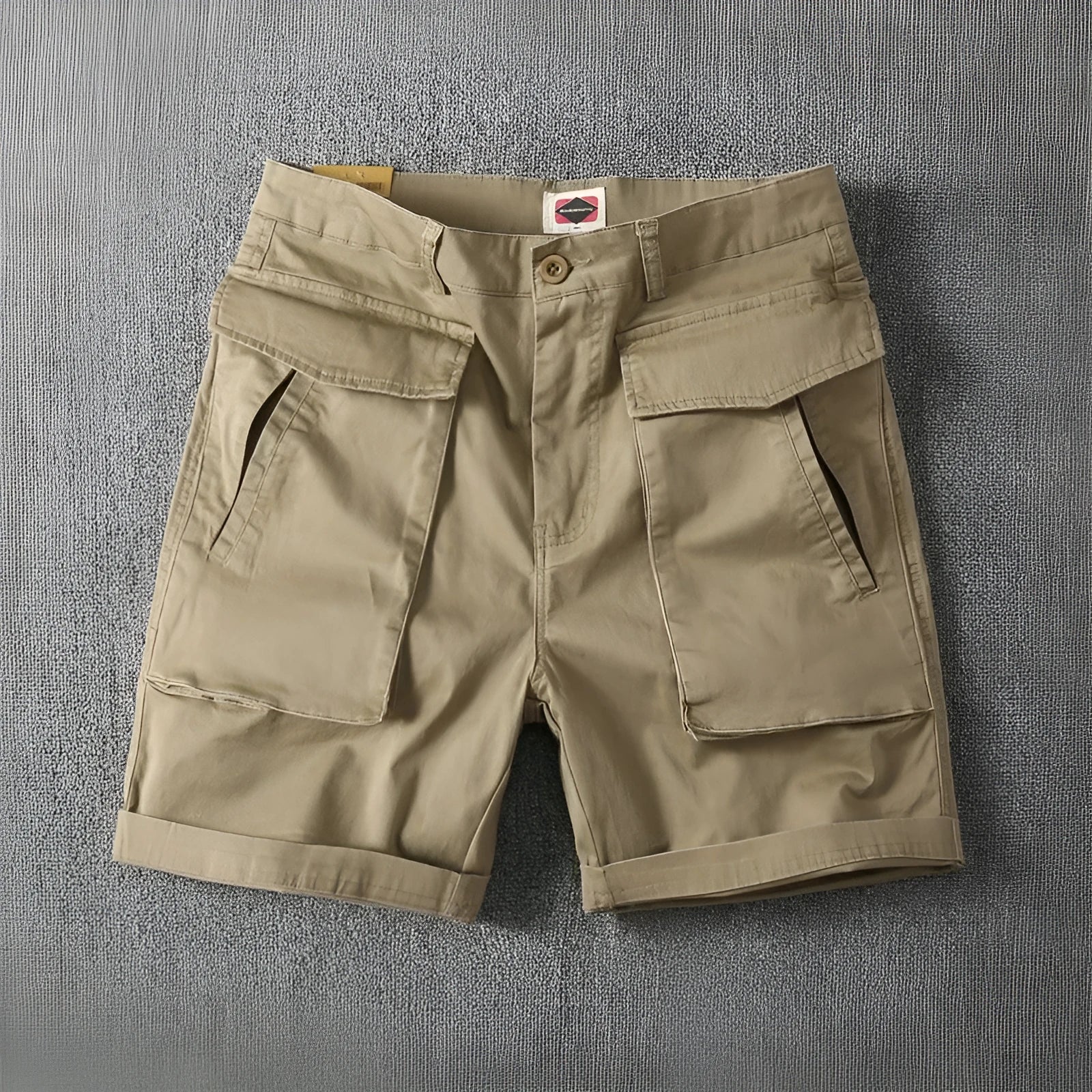 Men's straight-leg cotton cargo shorts in army green with multiple pockets on the legs.