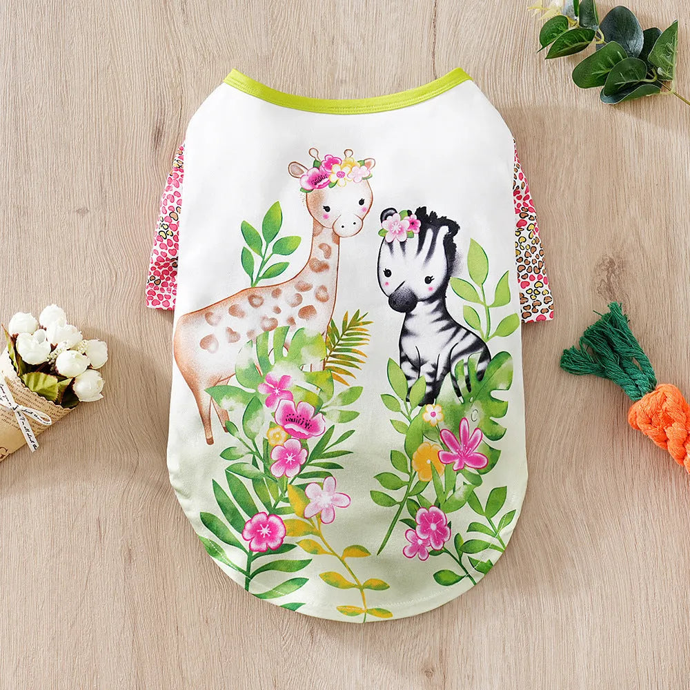 Printed dog t-shirt for small breeds with full-print design showing seasonal casual wear
