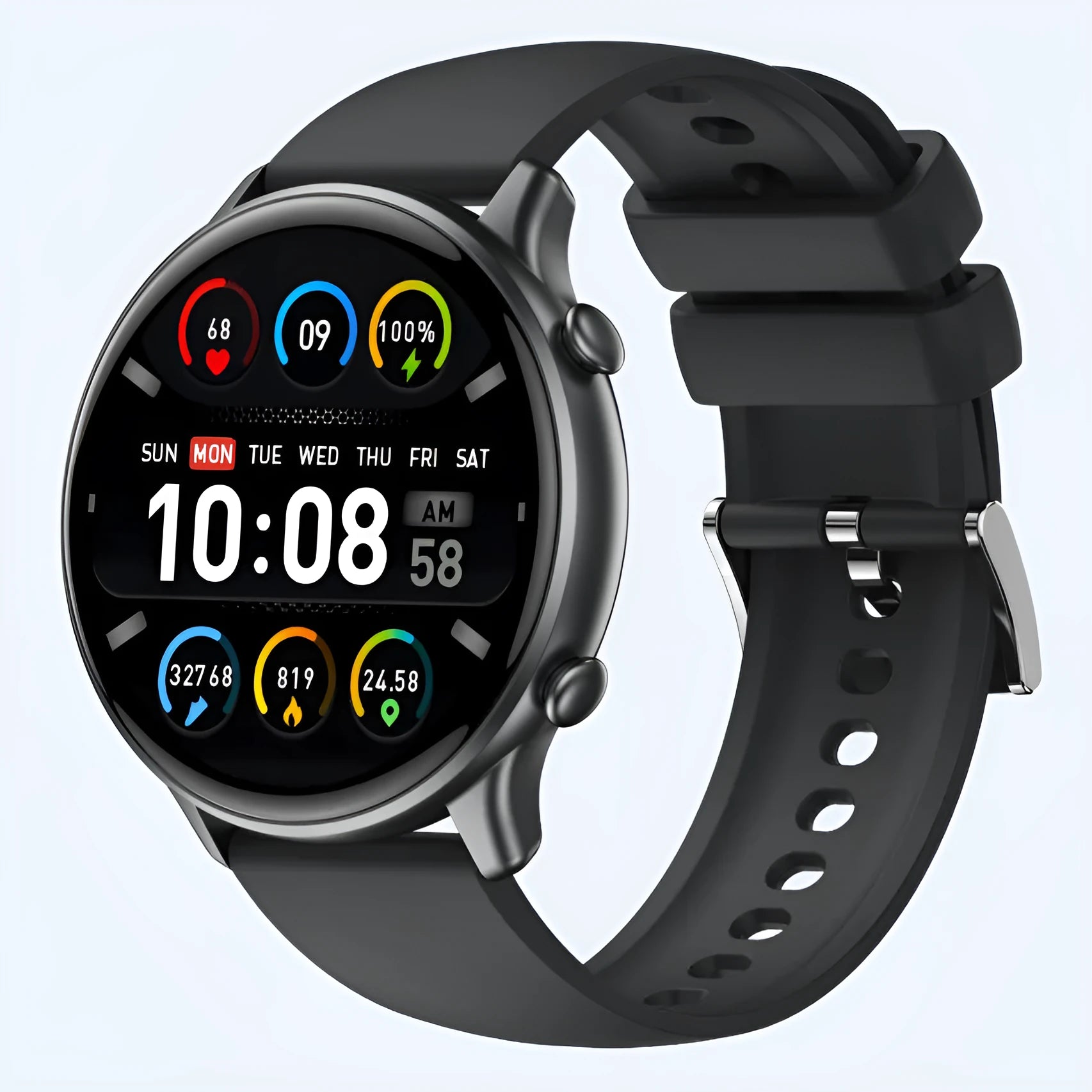 Round smart sports watch with touch screen and silicone strap showing heart rate display