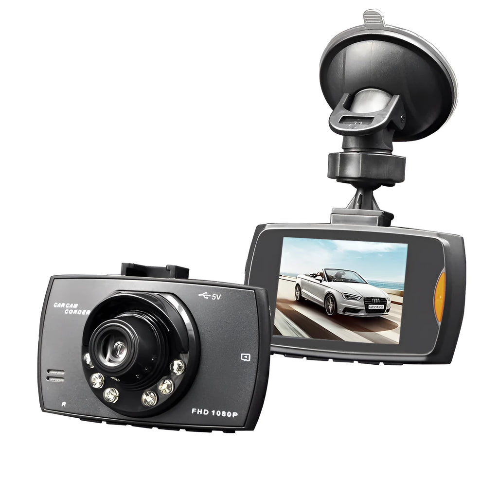G30 HD dual-channel car dash cam DVR system with front and rear cameras on a windscreen.