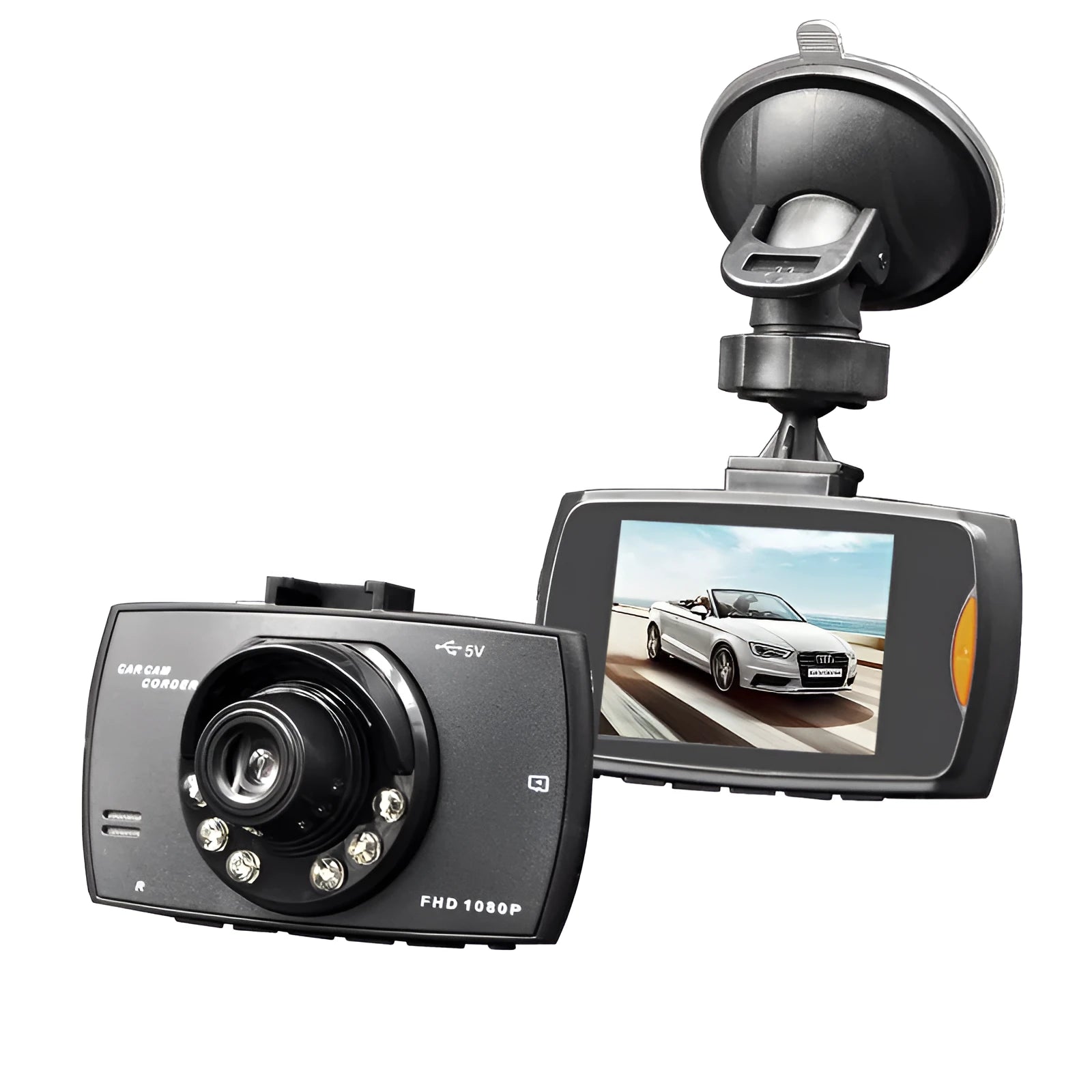 G30 HD dual-channel car dash cam DVR system with front and rear cameras on a windscreen.
