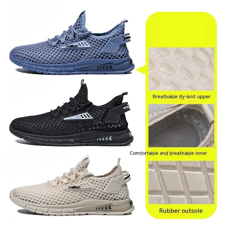 Men's beige lace-up sneakers with synthetic leather upper and mesh panels on a white background.