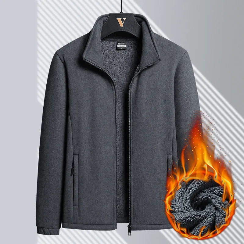 Men's grey Berber fleece zip-front coat with stand-up collar and zippered pockets.