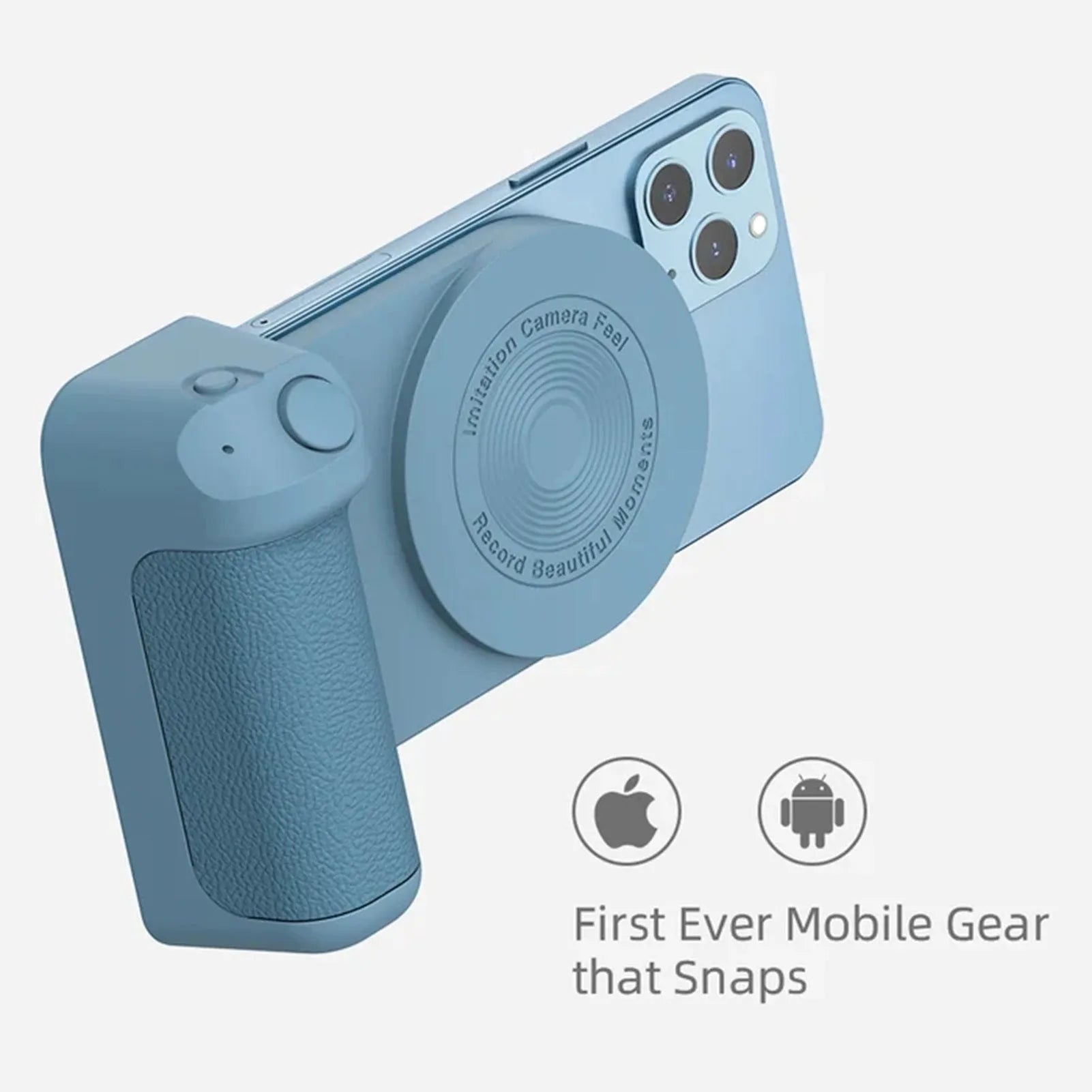 Black magnetic phone holder with ergonomic camera-style grip showing rotatable stand function