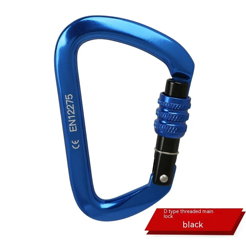 D-shaped climbing carabiner lock with automatic or threaded gate in colours: black, blue, orange, red, silver red.