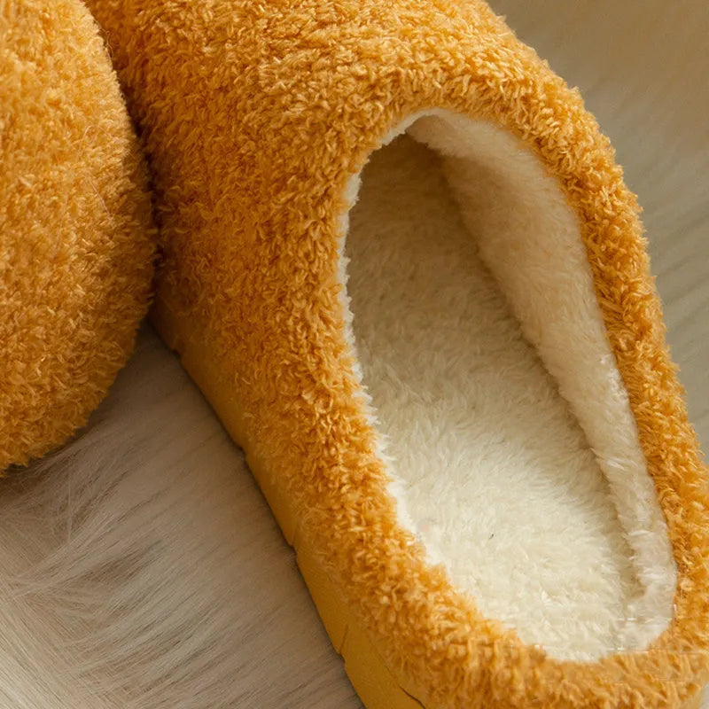 Furry suede thickened non-slip bedroom slippers in caramel colour on tiled floor