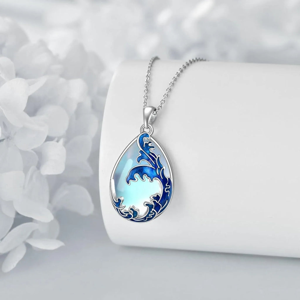 Blue heart-shaped alloy pendant necklace with love design elements on chain