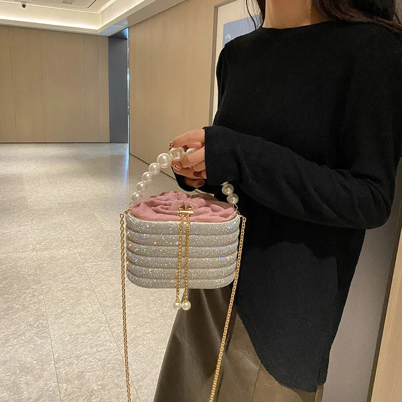 Women's retro style crossbody bag with pearl decoration and single shoulder strap