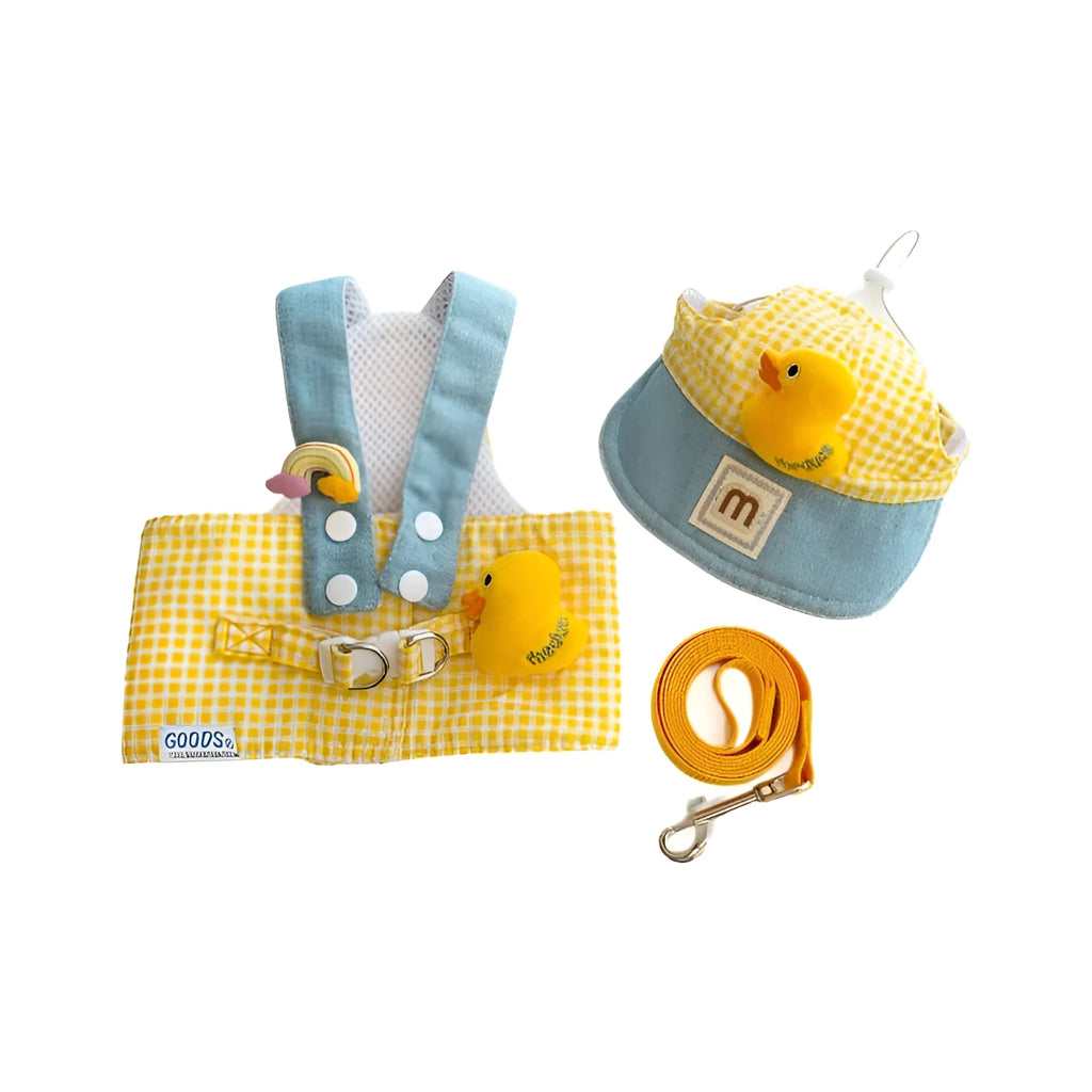 Pet harness and leash set with wire rope pulling section, three-piece cat clothes, and hat accessory
