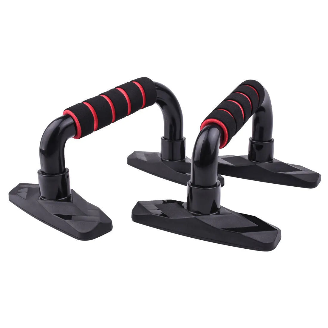 Pair of I-shaped black push up bars with PP sponge grips for home strength training.
