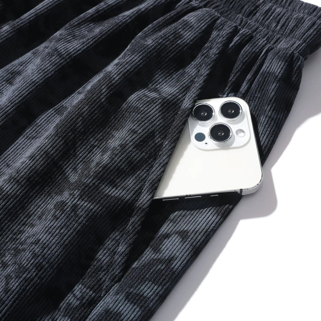 Men's corduroy camouflage athletic shorts with high waist and straight leg.