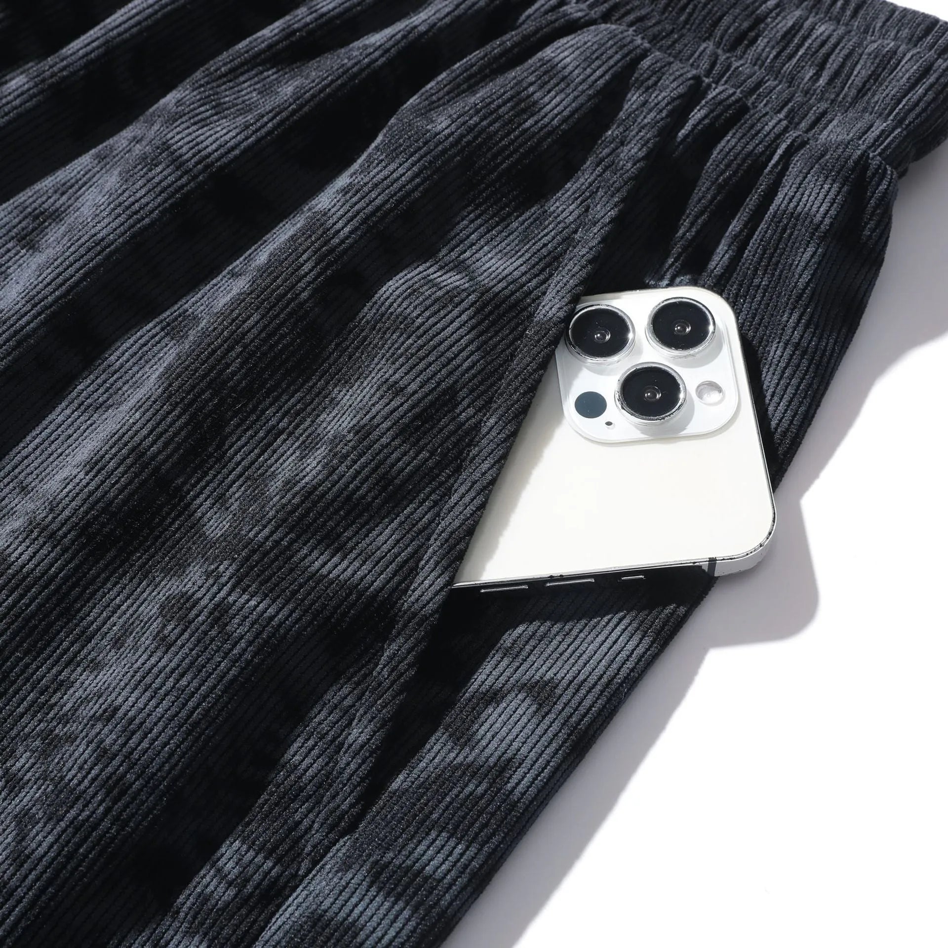 Men's corduroy camouflage athletic shorts with high waist and straight leg.