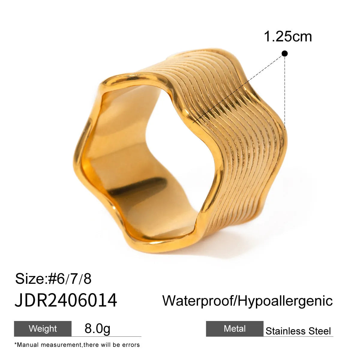 Stainless steel wide surface wave ring with geometric design in Korean style colours