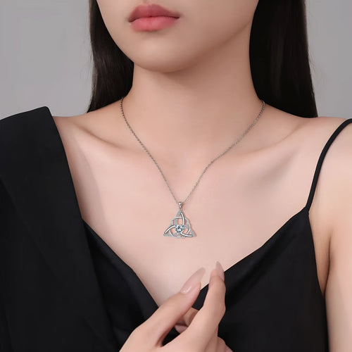 Women's Celtic knot necklace with geometric copper pendant in electroplated finish