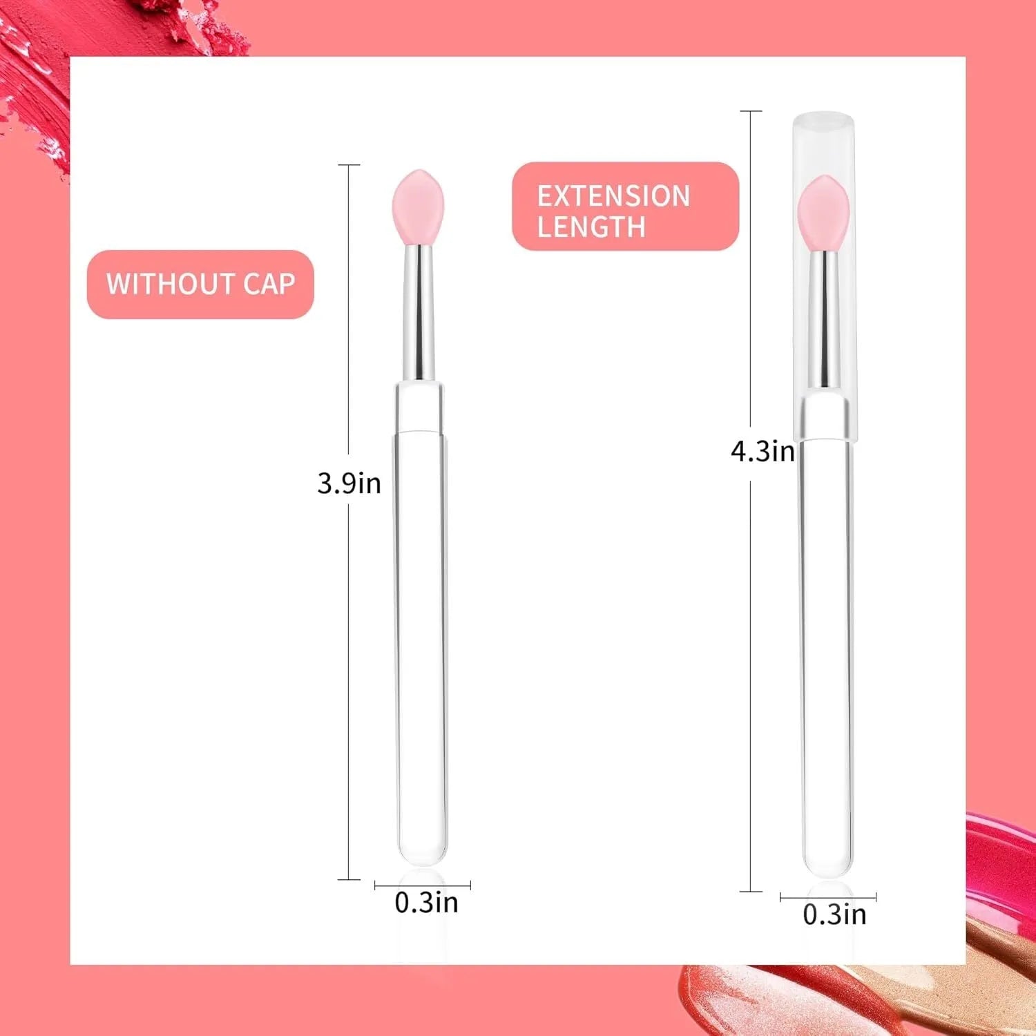 Set of coloured silicone lip brushes with protective caps for applying lipstick and lip gloss.