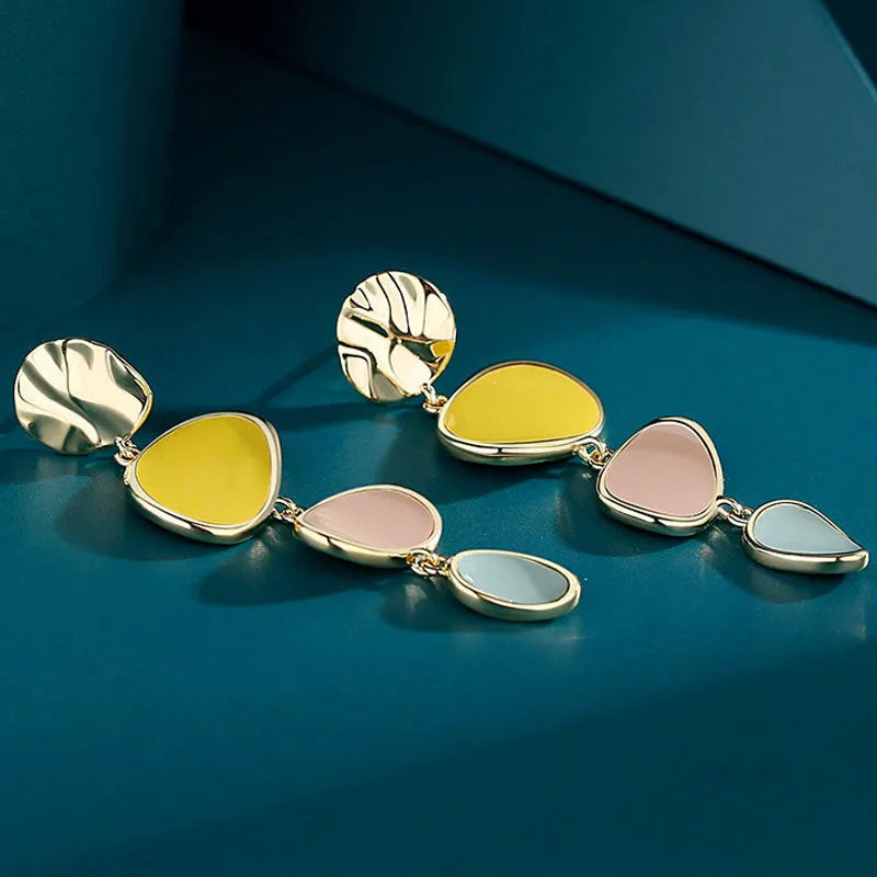 Morandi three-colour drip oil wafer earrings with sterling silver alloy construction and vintage style