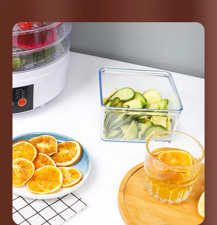 Five-tray food dehydrator with multiple international plug versions for drying fruit and vegetables