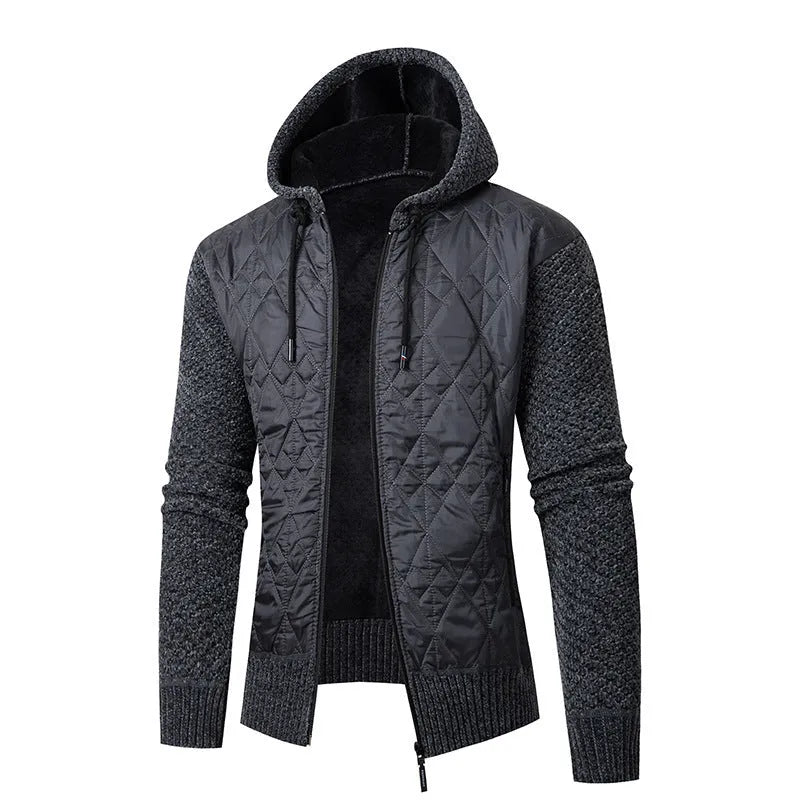 Men's grey hooded corduroy sweater coat with a cinched waist on a model.