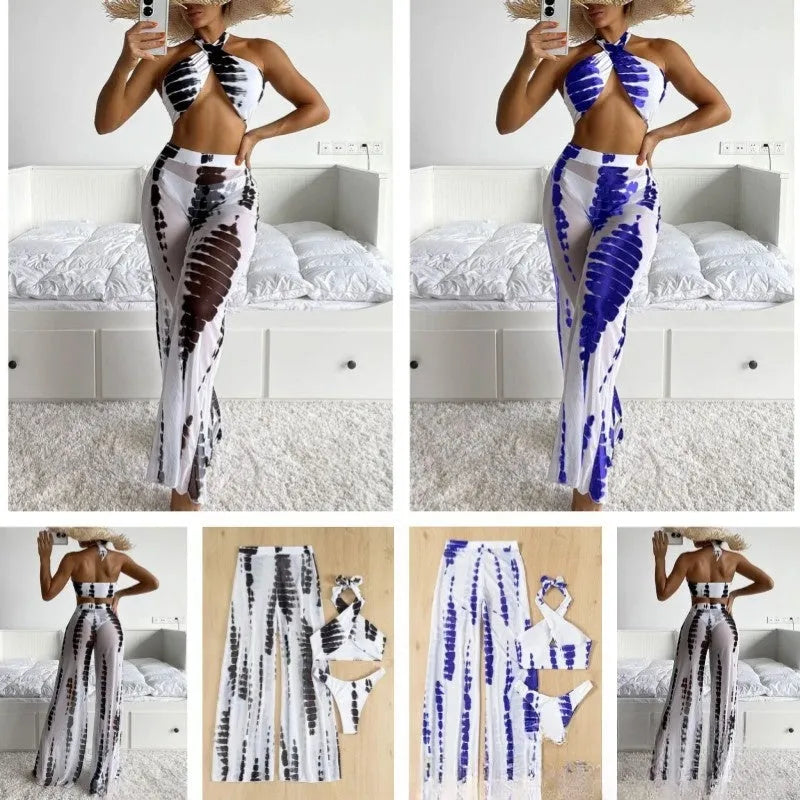 Women's three-piece swimsuit set with printed bikini and mesh trousers in quick-drying fabric