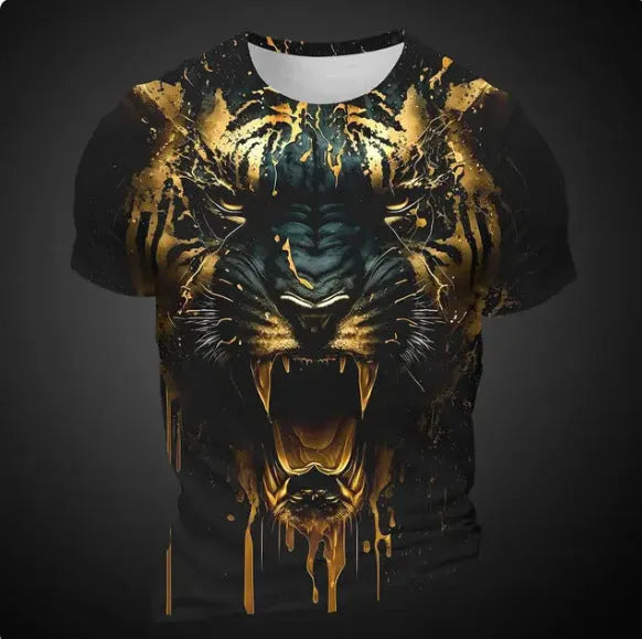 Men's 3D tiger pattern short sleeve T-shirt in lightweight polyester fabric.
