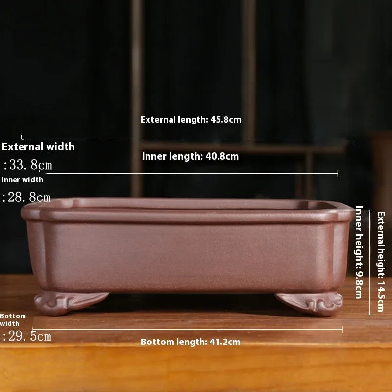 Purple sand rectangular bonsai planter with classical design and corner cutting details