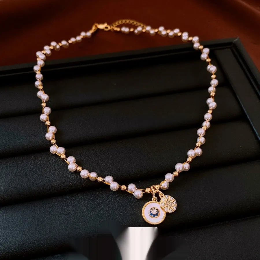 Golden white real gold electroplated zircon pearl round pendant necklace on clavicle chain