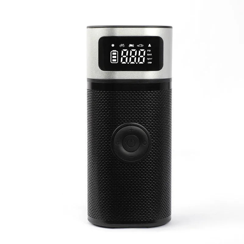 Black portable wireless air pump with 15cm tube, USB charging cable, and multiple nozzles for different inflation needs