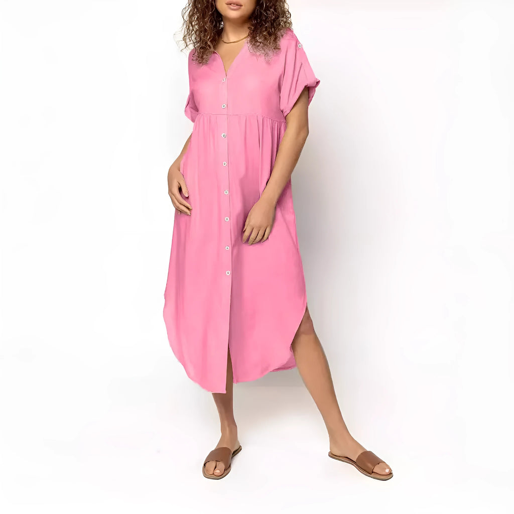 A mid-length casual dress with button detail on the front, shown in a solid colour.