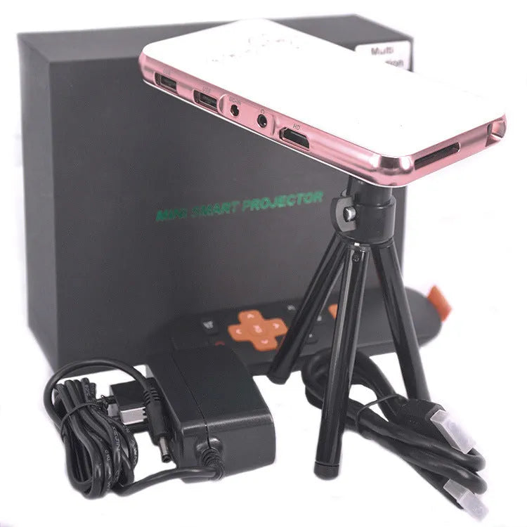 White and rose gold miniature portable Android projector showing compact 145mm size with smart DLP technology