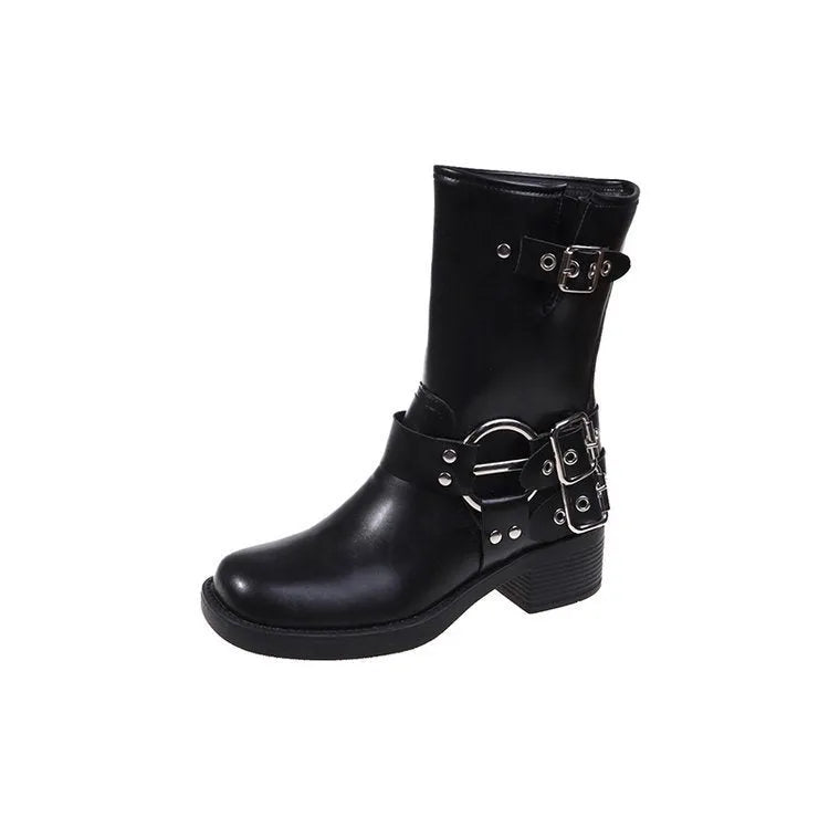 Women's platform boots with belt buckle detail in middle calf length, black and brown colour options