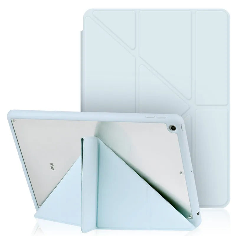 iPad protective case in Y-fold bracket position showing imitation leather finish and pen slot