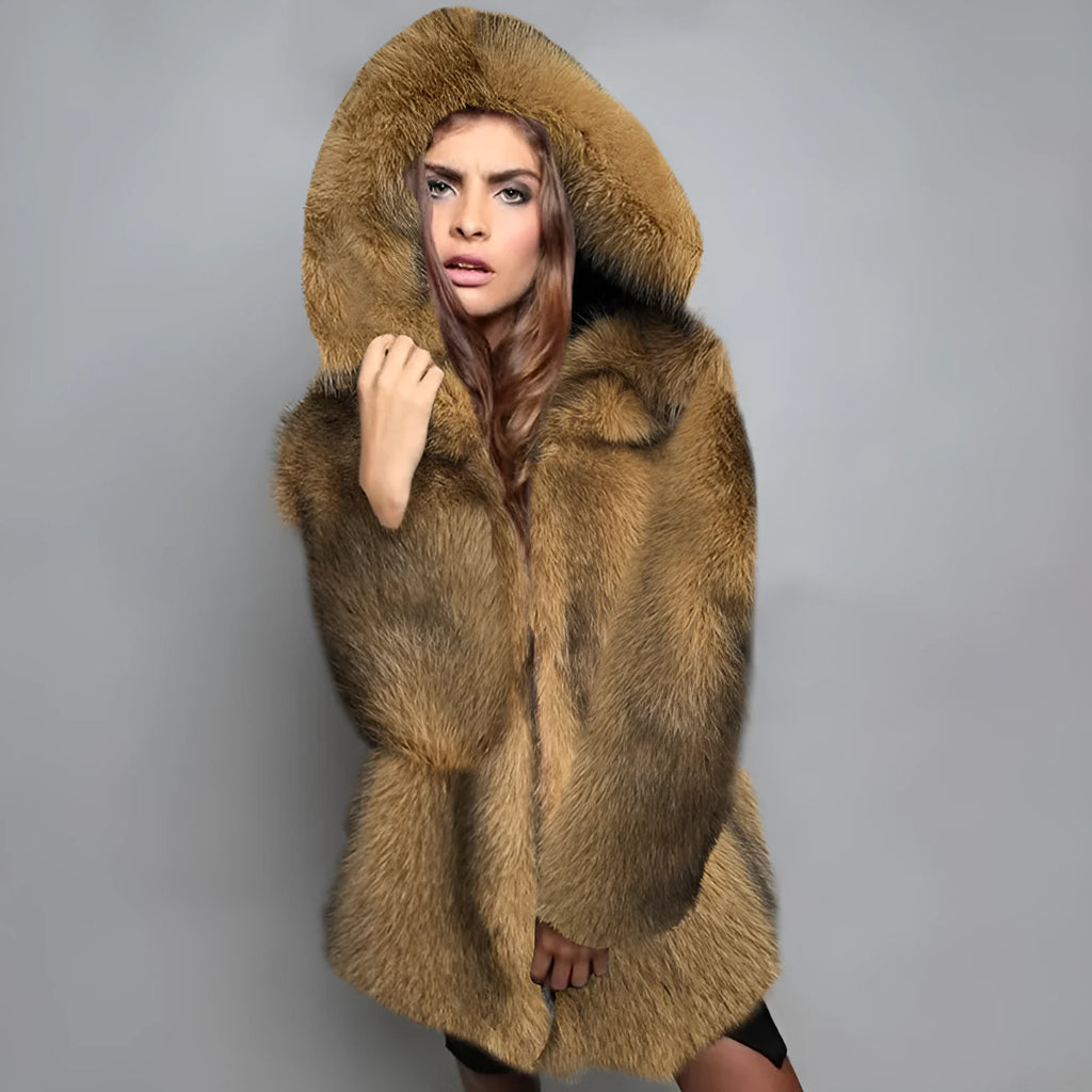 Women's silver grey artificial fur coat with loose fit and medium length design