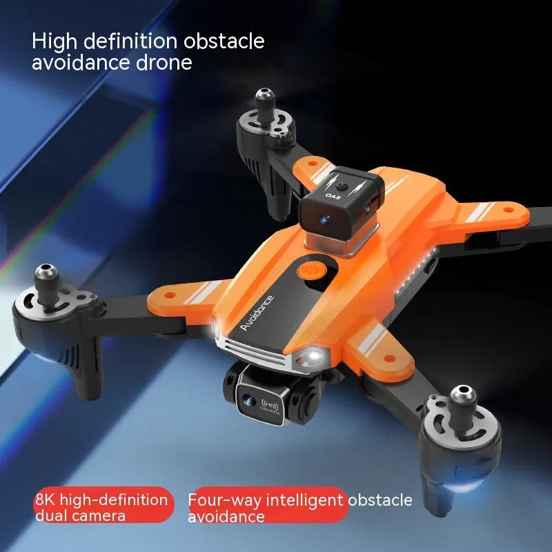 Orange quadcopter drone with dual cameras and obstacle avoidance sensors measuring under 30cm