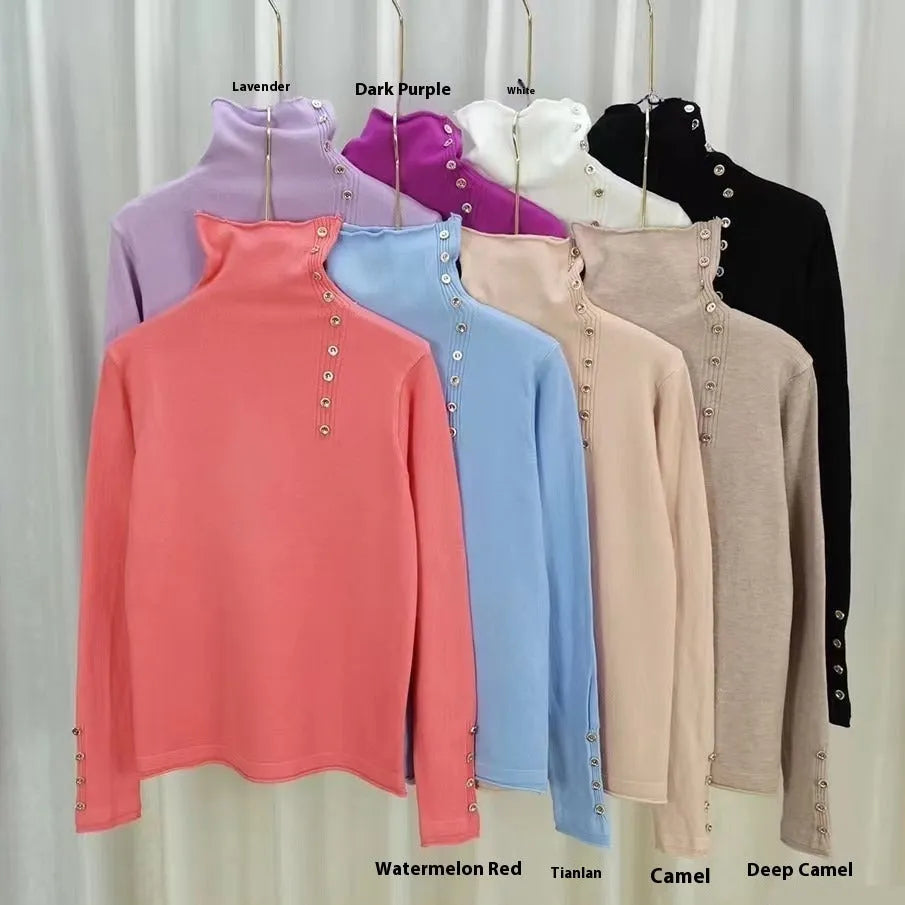 Women's knitted bottoming shirt in core-spun yarn fabric showing 3D pattern detail
