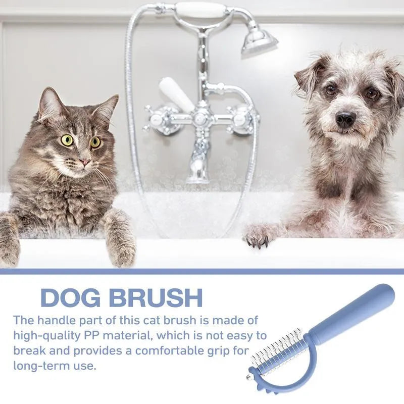 Blue dinosaur-shaped cat brush with stainless steel bristles and self-cleaning button