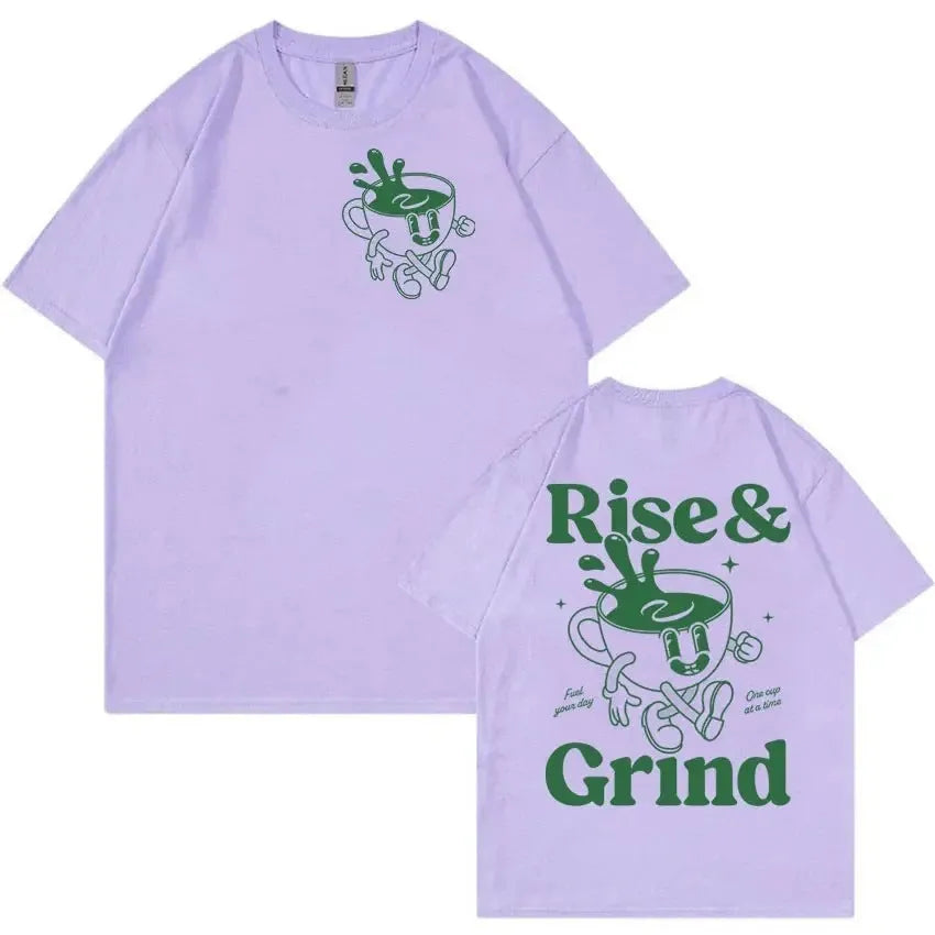 Loose fit linen t-shirt with Rise and Grind cartoon graphic print in multiple colours