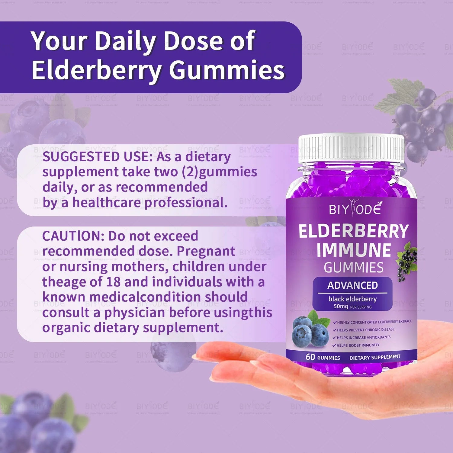 Bottle of 60 black elderberry gummies with zinc vitamin C and D for immune health