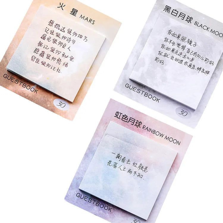 Square planet sticky note pad with oil painting artwork showing six planetary design options