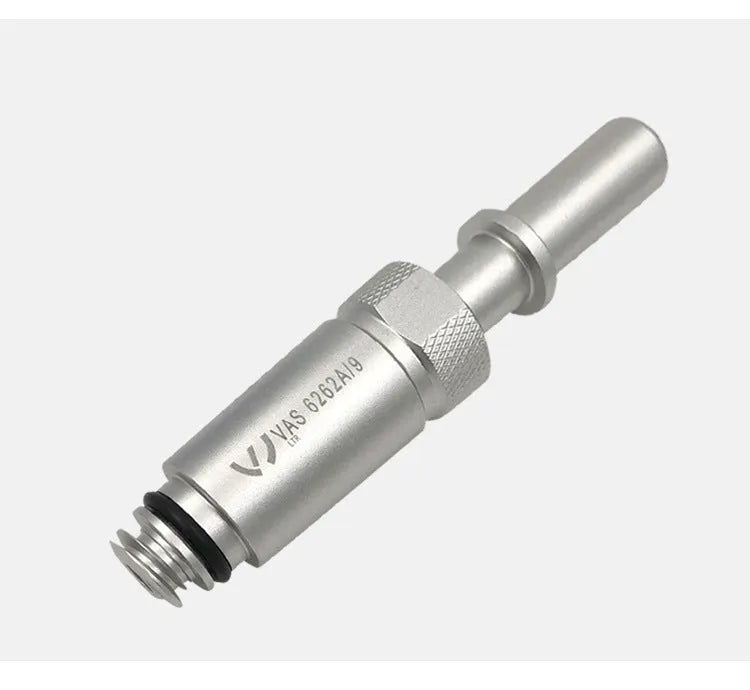 Silver metal VAS6262-9 transmission refueling joint adapter tool on a workshop bench