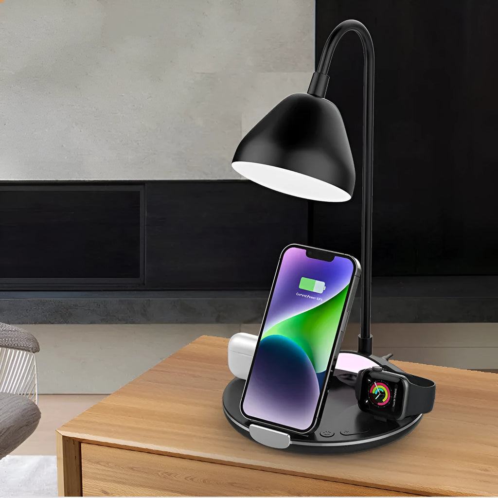 Black and white magnetic folding wireless charger open as stand showing USB connection