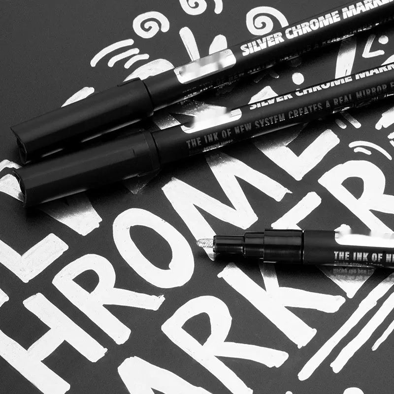 A plastic waterproof marker pen for writing on glass and mirrors, showing 1mm and 2mm tip size options.