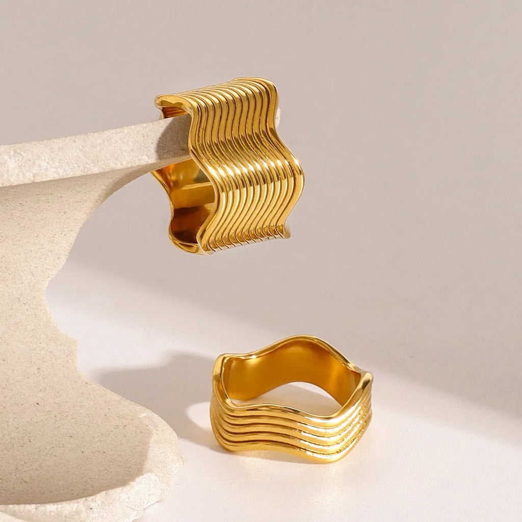 Stainless steel wide surface wave ring with geometric design in Korean style colours